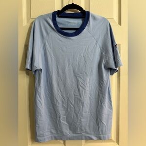 Fabletics Light Blue Crew Neck Active Breathable Tee Shirt with Navy Trim